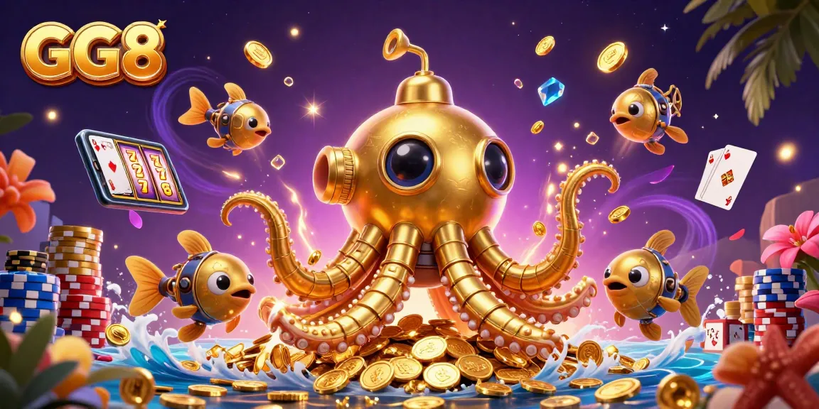 Engage in thrilling gameplay with GG8's golden kraken submarine amidst cascading coins and vibrant slot reels.