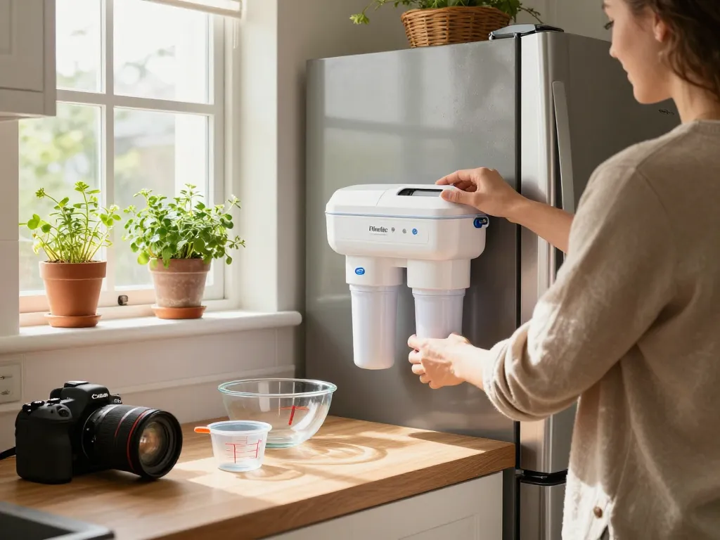 Filterlogic FL-RF13 Replacement for GE® MWF® being easily installed in a modern home kitchen.