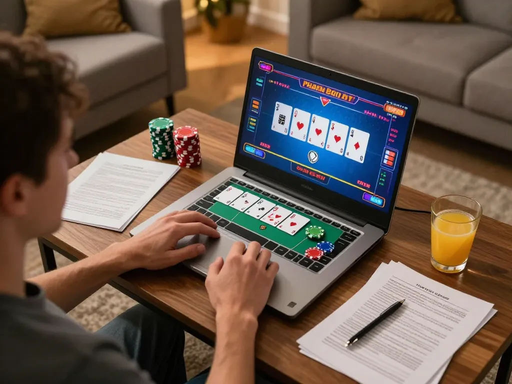 Win678 player engaging in online poker game at home, interactive and strategic experience.