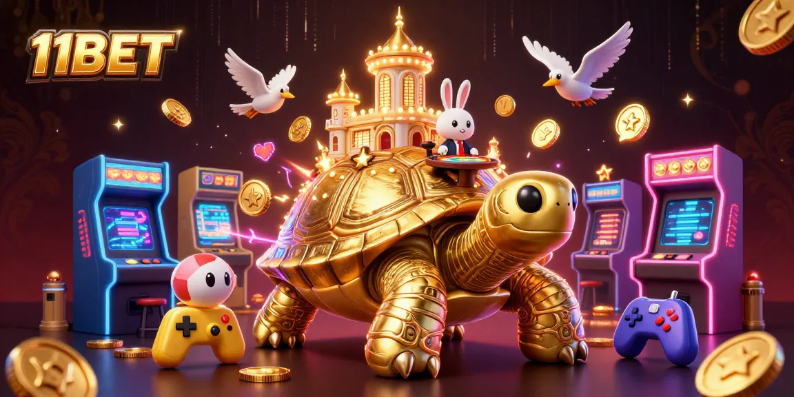 Elevate your gaming experience with 11BET's vibrant casino world featuring a massive tortoise and a dealer.