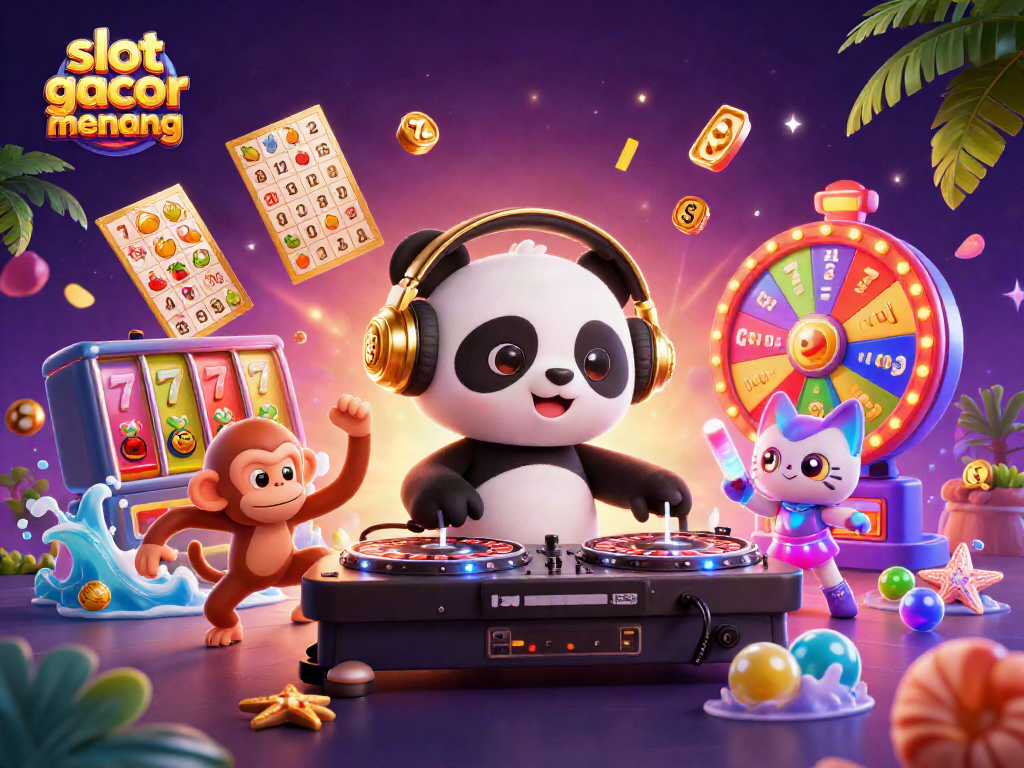 Experience the thrill of "slot gacor gampang menang" in this vibrant 3D casino scene with a DJ panda and dancing monkey.