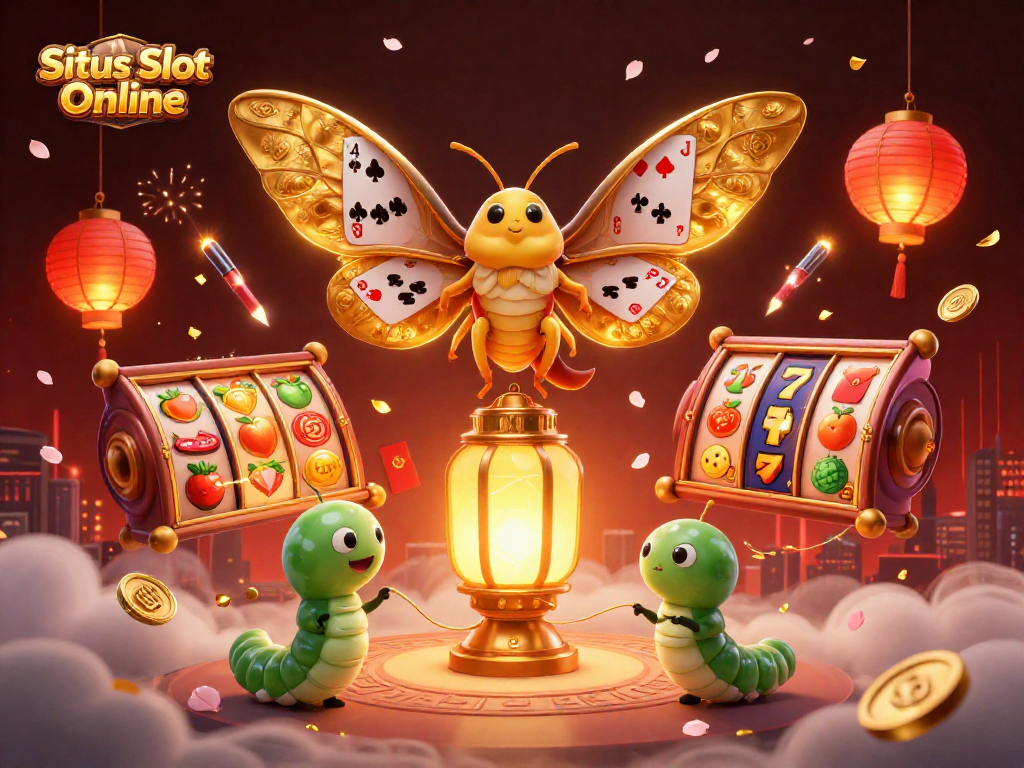 Situs Slot Online showcases vibrant slot reels and a majestic atlas moth in dynamic 3D illustration.