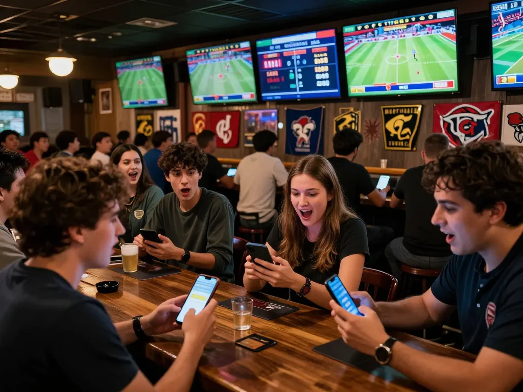 Tỷ Lệ Bóng Đá - Enthusiastic fans engaging with betting apps during live sports action.