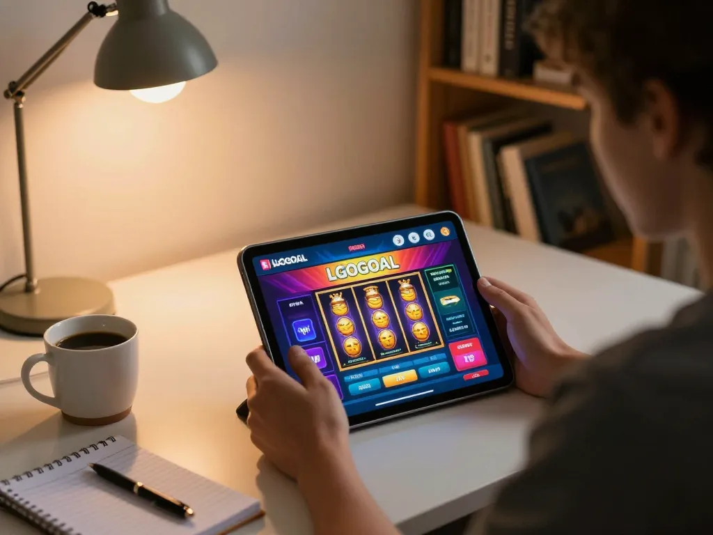 Engaging in LGOGOAL online gaming with a vibrant slot interface on a tablet