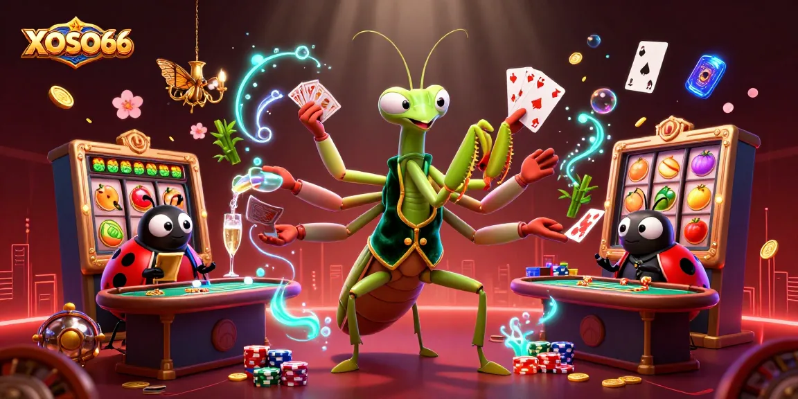 XOSO66 features a whimsical giant praying mantis card sharp and ladybug pit boss in a vibrant casino scene.