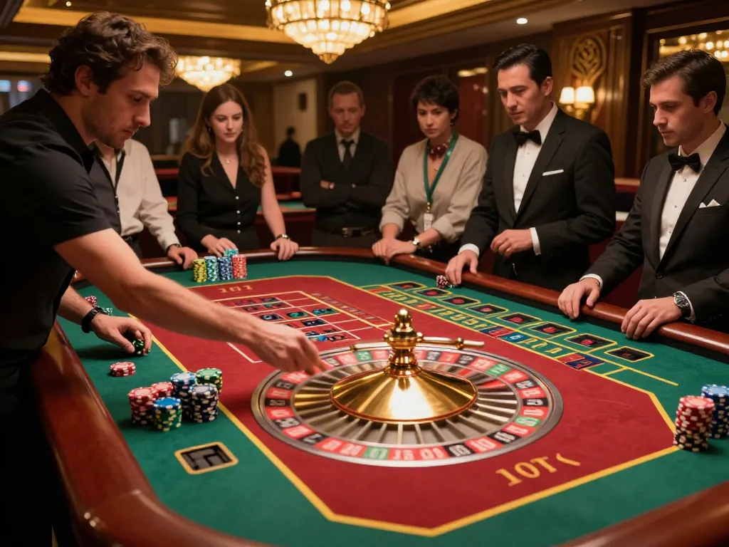 Engaged players at a tg88 roulette table, betting amidst a vibrant casino atmosphere