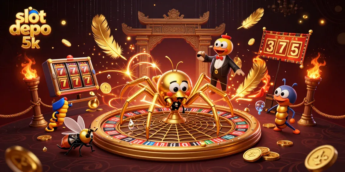 Experience thrilling gameplay with slot depo 5k as a golden spider spins a roulette wheel.