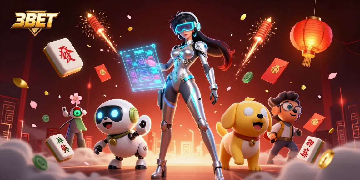 3BET casino illustration with a futuristic woman and a robot dog amidst vibrant elements.