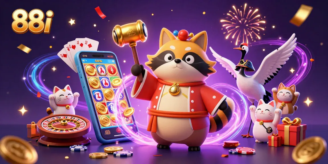 88i highlights vibrant gaming action with cheerful tanuki, crane, and fortune cats in a dynamic casino celebration.