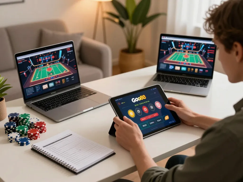 Engaging in strategic gameplay on the Go88 casino app in a cozy home environment.