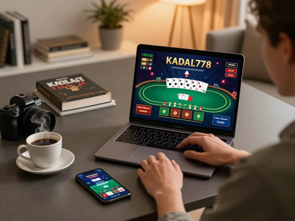 KADAL778 user engaging in online betting with laptop and smartphone during an exciting poker game.