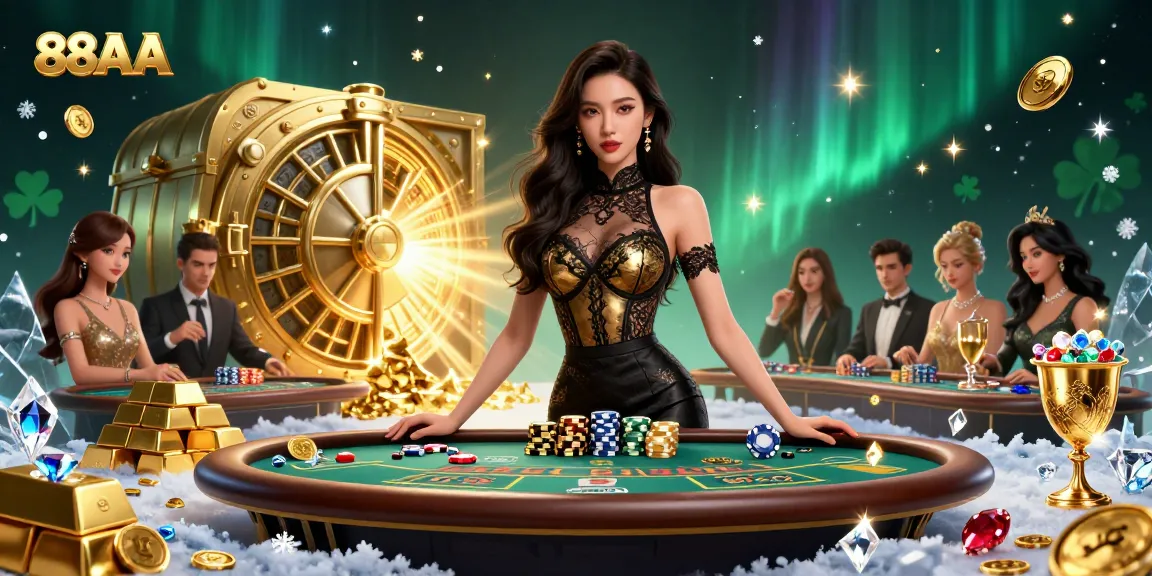 Bet big with 88AA at a VIP baccarat table, surrounded by treasure and luxury.