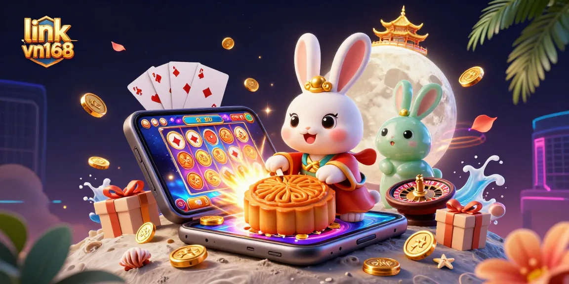 Spin the reels and win big with link vn168 in this vibrant 3D illustration featuring a moon rabbit and exciting casino elements.