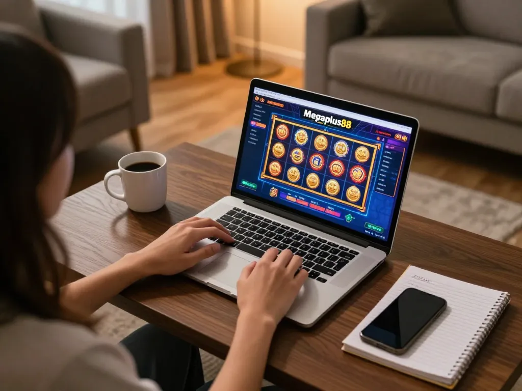 Person playing on megaplus88 online casino from a cozy living room gaming setup, with vibrant game interface visible.