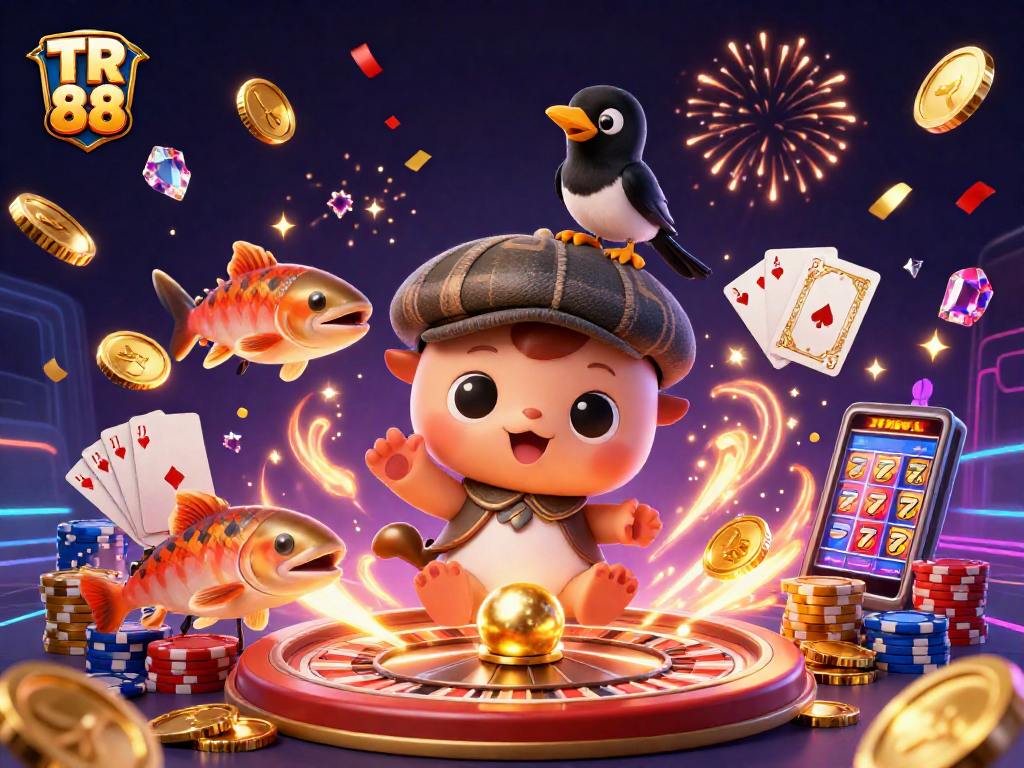 Experience thrilling gameplay at TR 88 with captivating scenes of winning jackpots and charming characters.