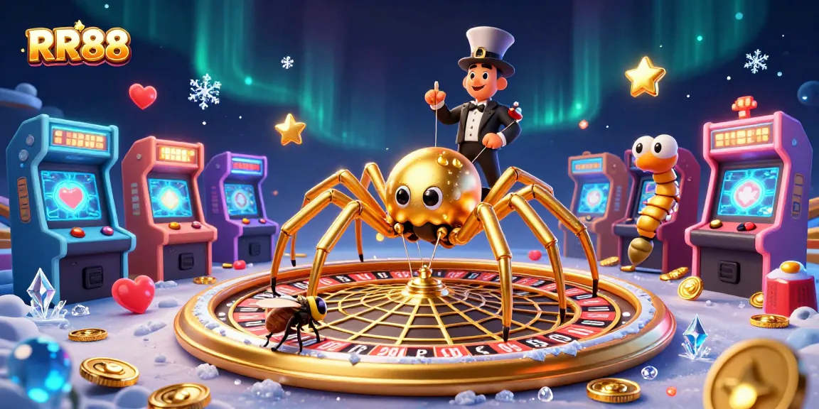 Experience thrilling bets with RR88’s golden roulette web and animated characters in a vibrant casino setting.