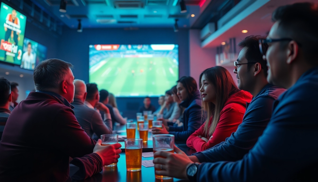 Kèo nhà cái betting scene at a lively sports bar with fans watching a football match.