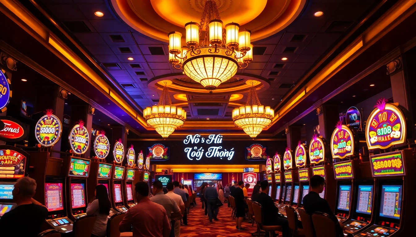 Nổ Hũ Đổi Thưởng with vibrant slot machines and players enjoying the casino atmosphere.