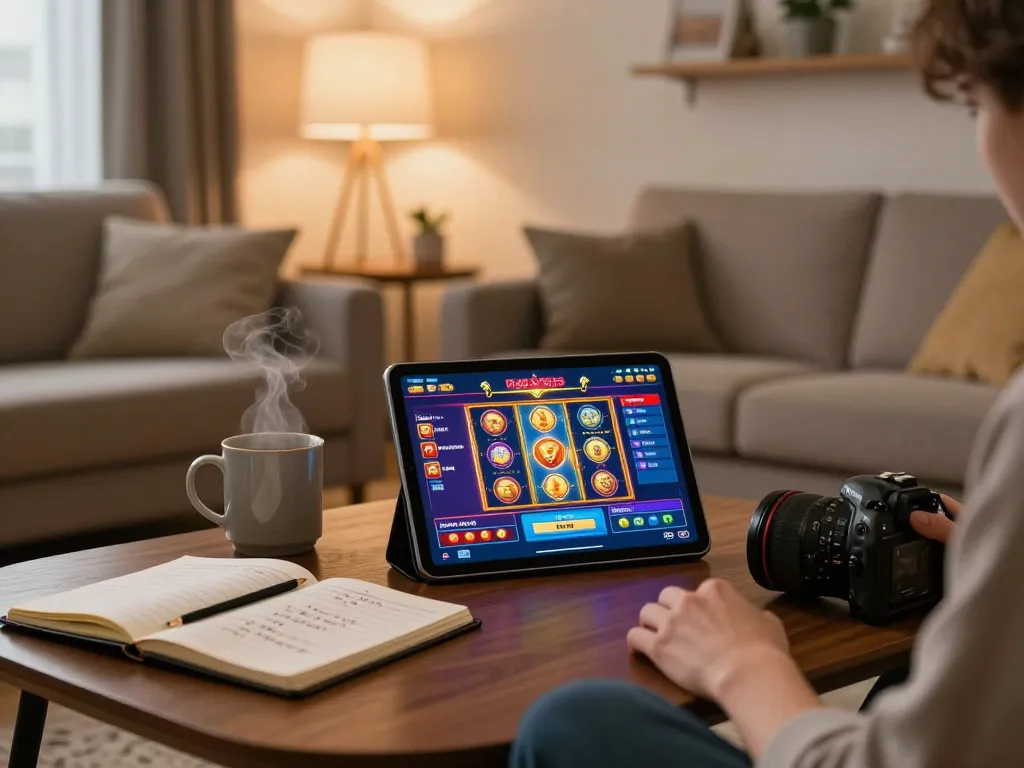 Toto8 link alternatif offers a cozy home gaming experience with a tablet showing online slots.