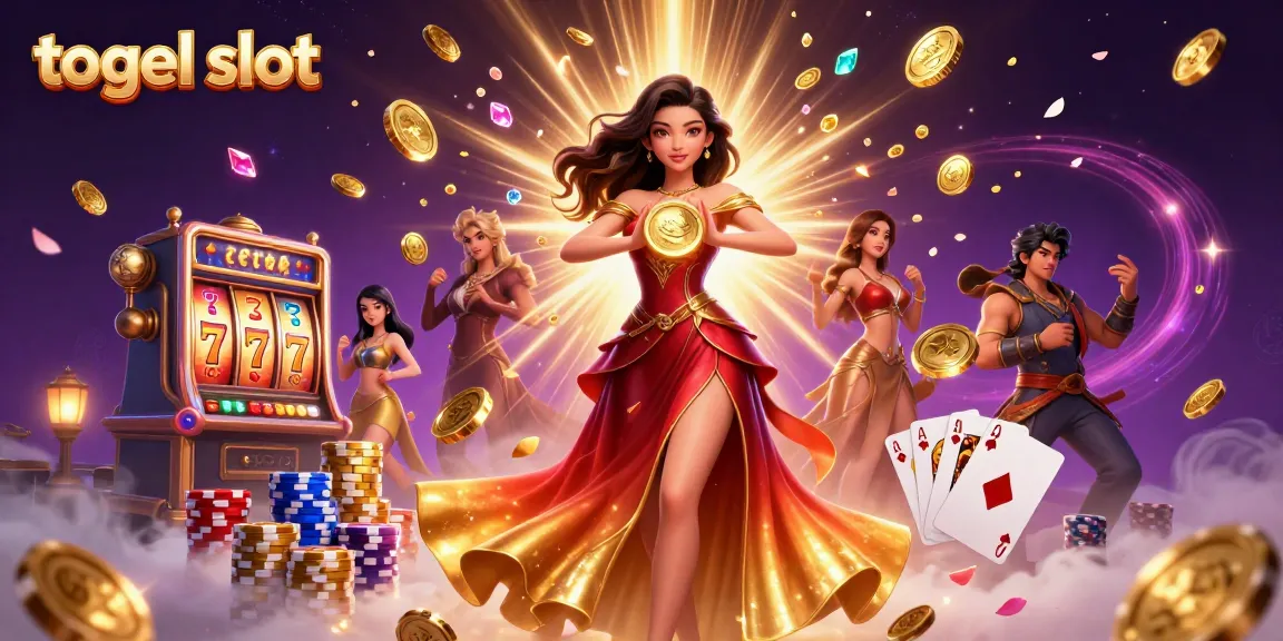 Experience the excitement of togel slot with a stunning Asian woman surrounded by golden coins and slot machines.