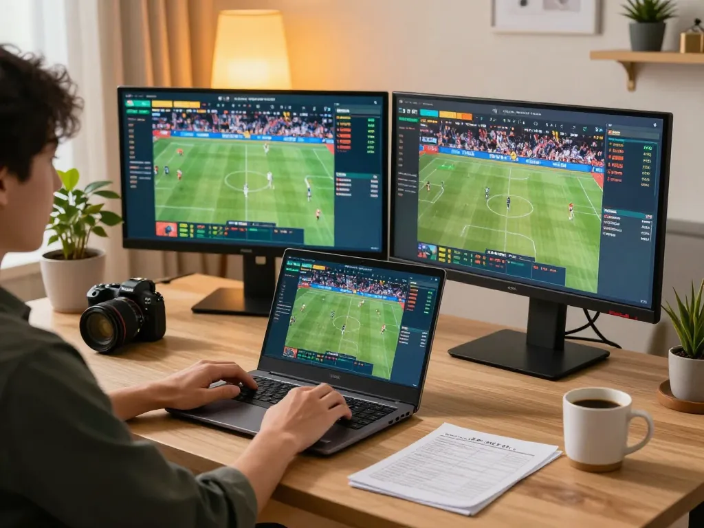 Engaging in online sports betting at Nhà Cái F168 with live events displayed on screen.