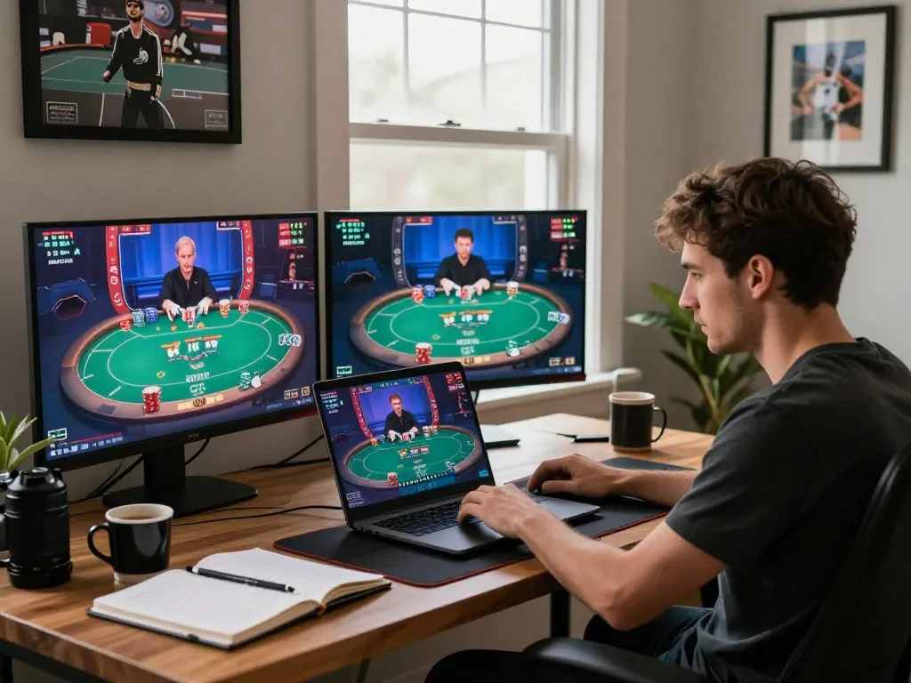 MPO08 online poker player engaging with vibrant gameplay on their laptop, showcasing a lively home office setup.