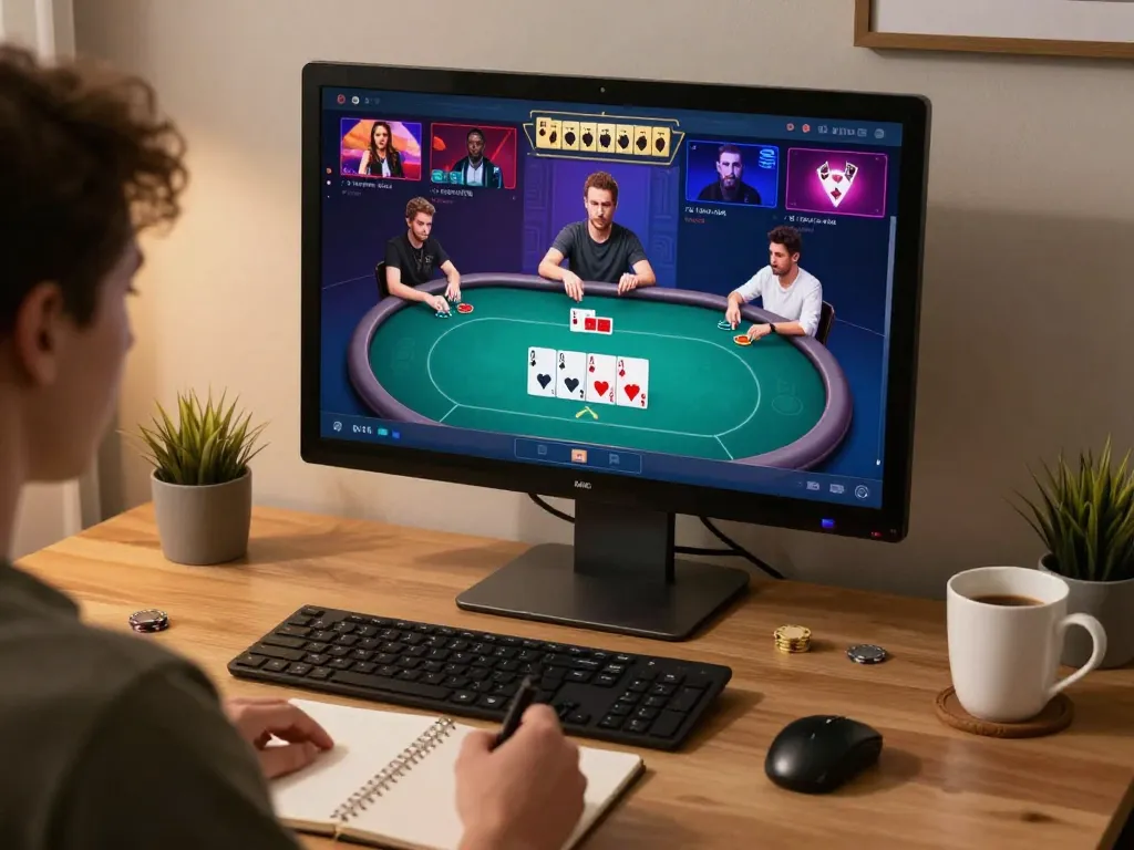 MM88 players engaging in online poker strategy with cozy home setup, showcasing responsible gaming.
