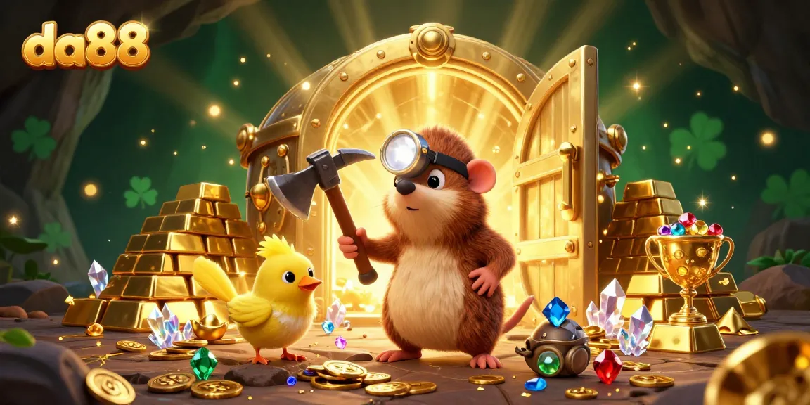 Uncover treasures and winnings at da88 with a cartoon mole and canary in a vibrant cavern scene.