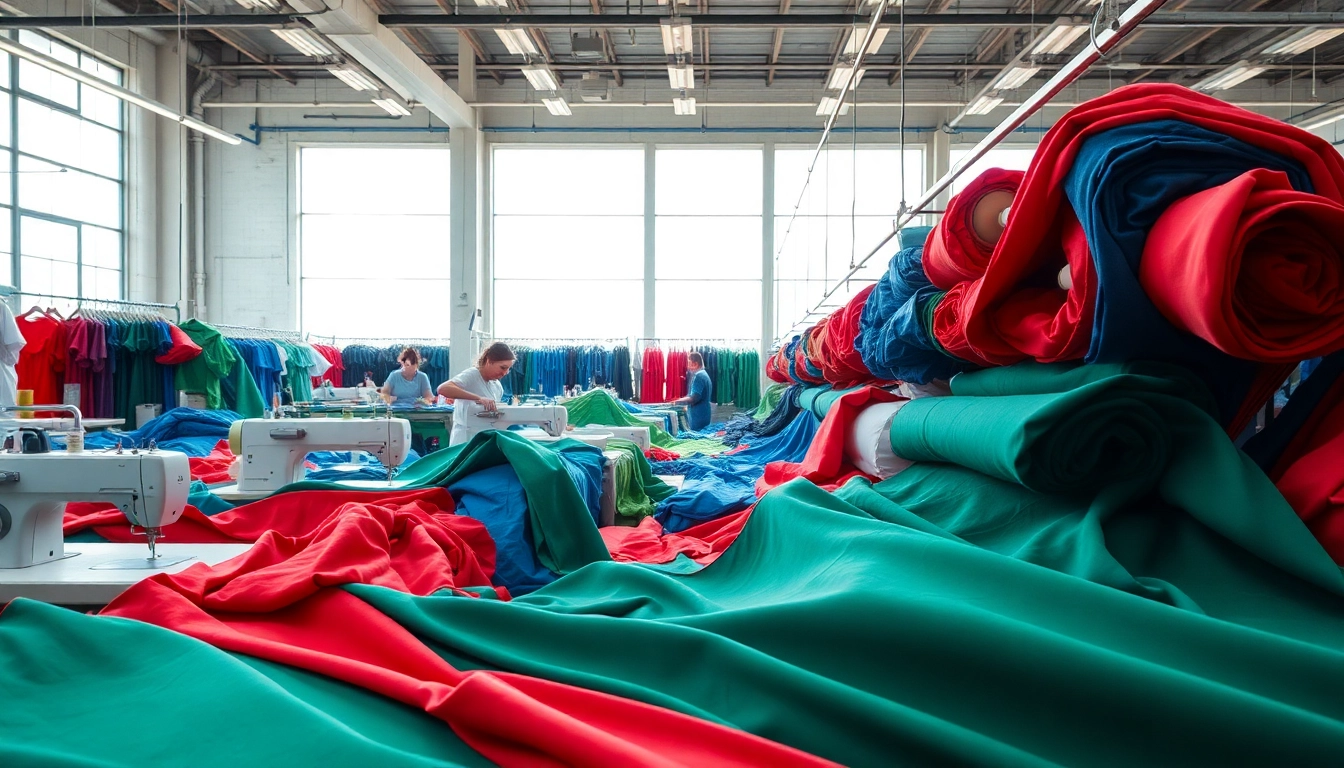 Manufacturing Clothing in China with skilled workers and vibrant fabrics in a bright factory.