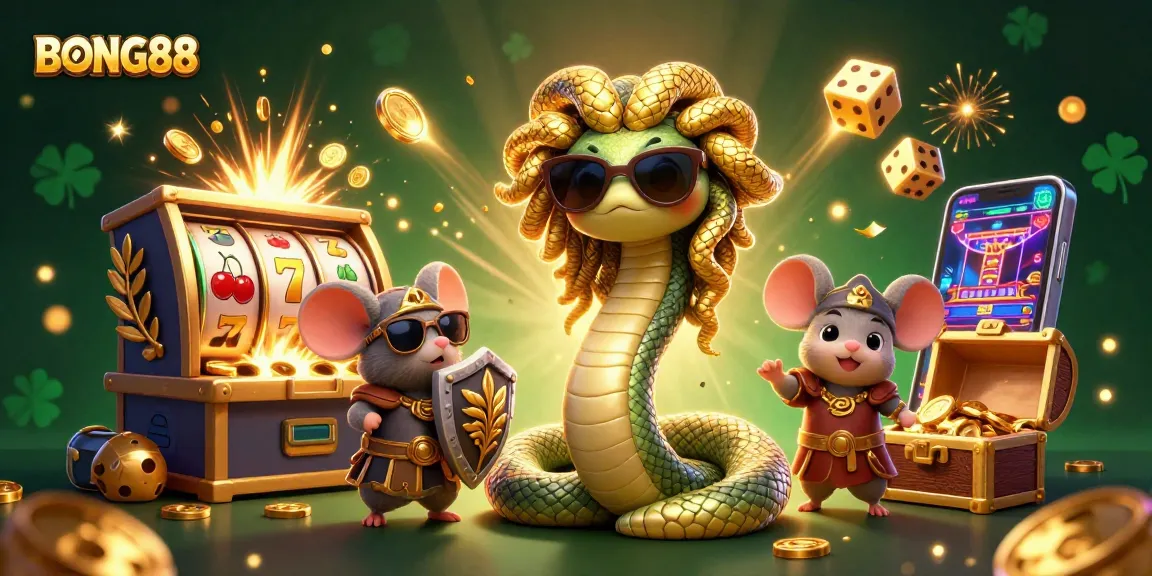 BONG88 unleashes fun with a 3D Medusa and a warrior mouse celebrating slots and jackpots.