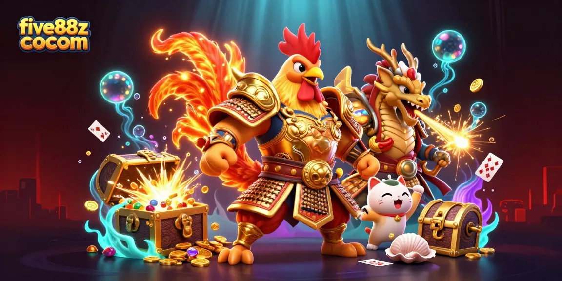 Experience the excitement of winning at five88z cocom with our illustrated casino scene featuring a rooster warrior.