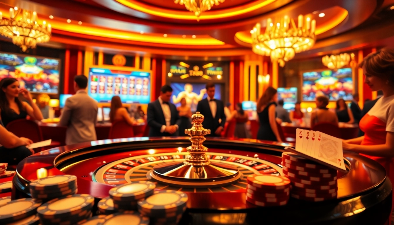 Engaged players at a tk88 roulette table in a luxurious casino setting with vibrant decorations.
