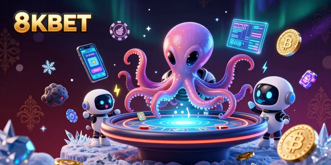 Join the exciting action at 8KBET with a floating poker table and animated characters!