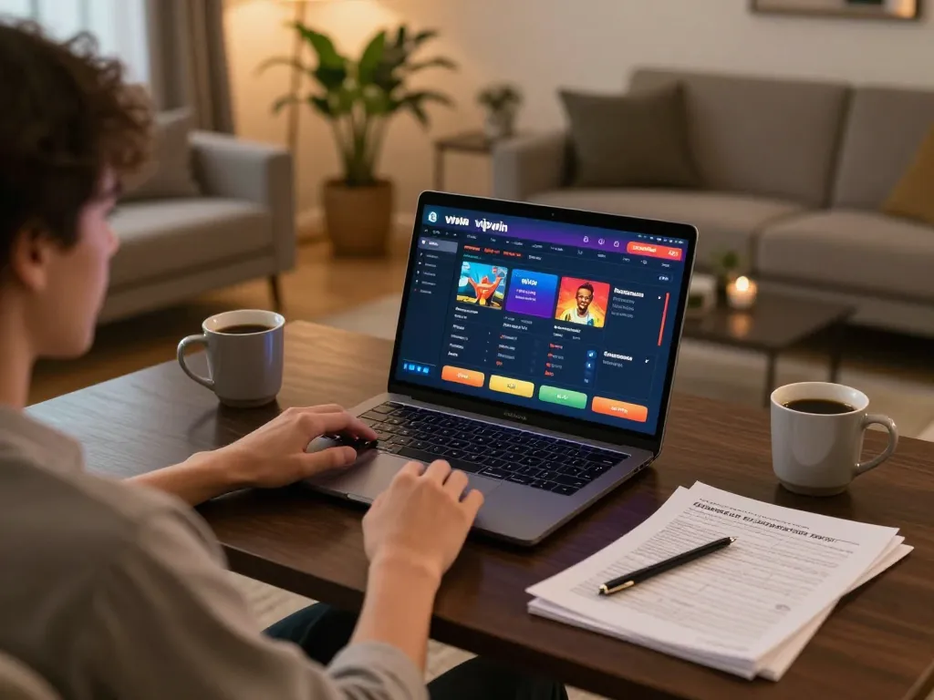 Person engaging with the vipwin online casino interface in a cozy home setting