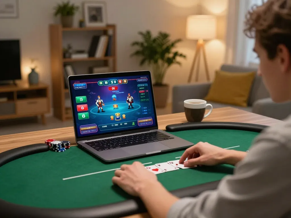 Player strategizing in online poker game at home with 789BET interface, showcasing engaging gameplay.