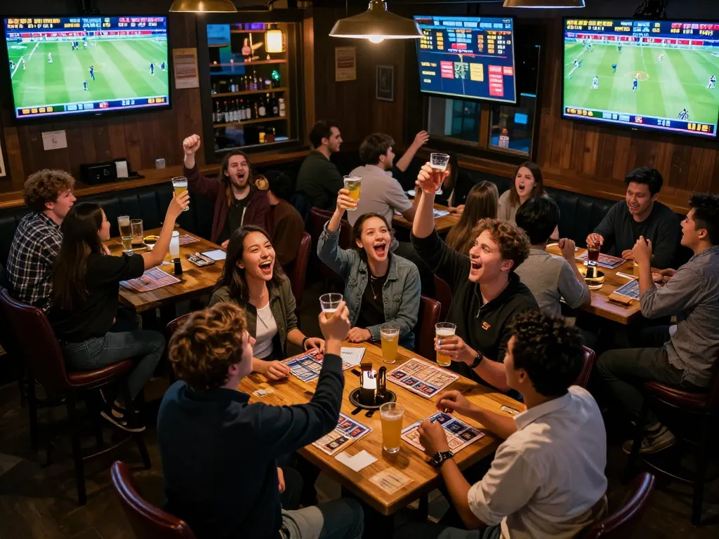Excitement of betting with tỷ lệ kèo trực tuyến in a lively sports bar atmosphere, capturing fans engaged in live betting