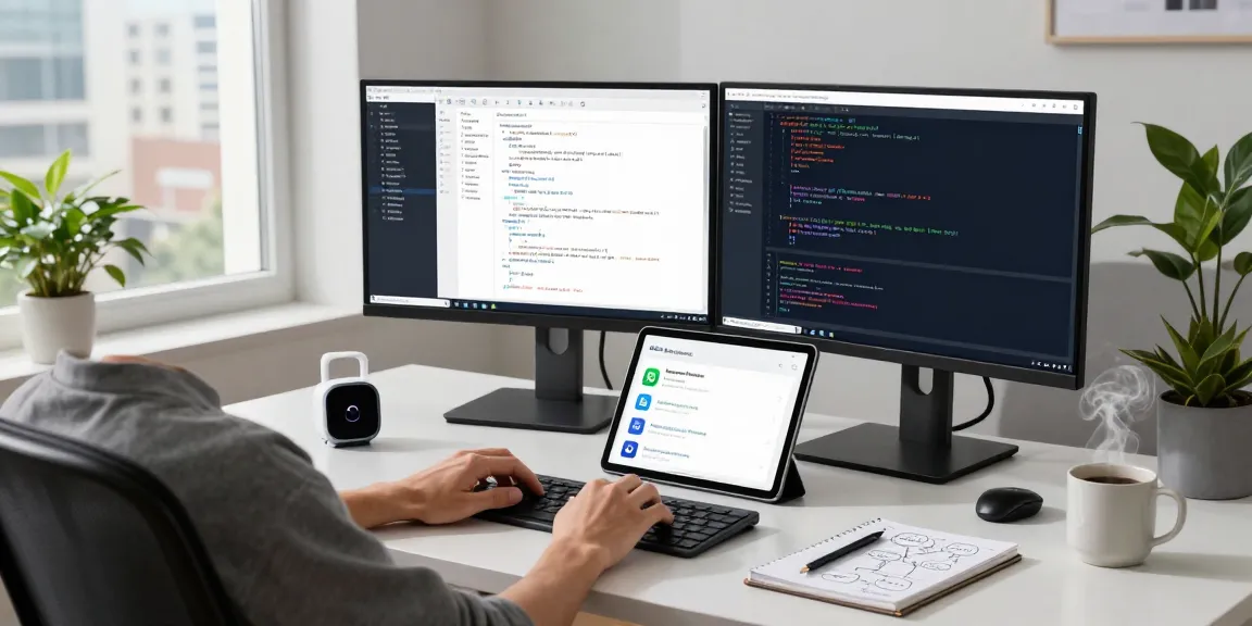MoltBot personal AI assistant in a modern workspace, with tasks displayed on dual monitors, showcasing productivity and automation.