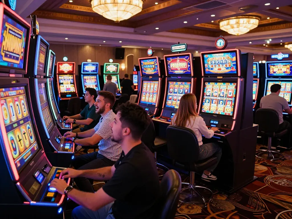 Engaging players enjoying a colorful Pragmatic slot machine experience in a lively casino atmosphere.
