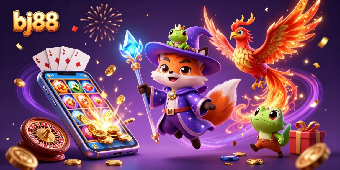 Experience the exciting world of bj88 with a wizard fox, phoenix, and vibrant gaming elements.