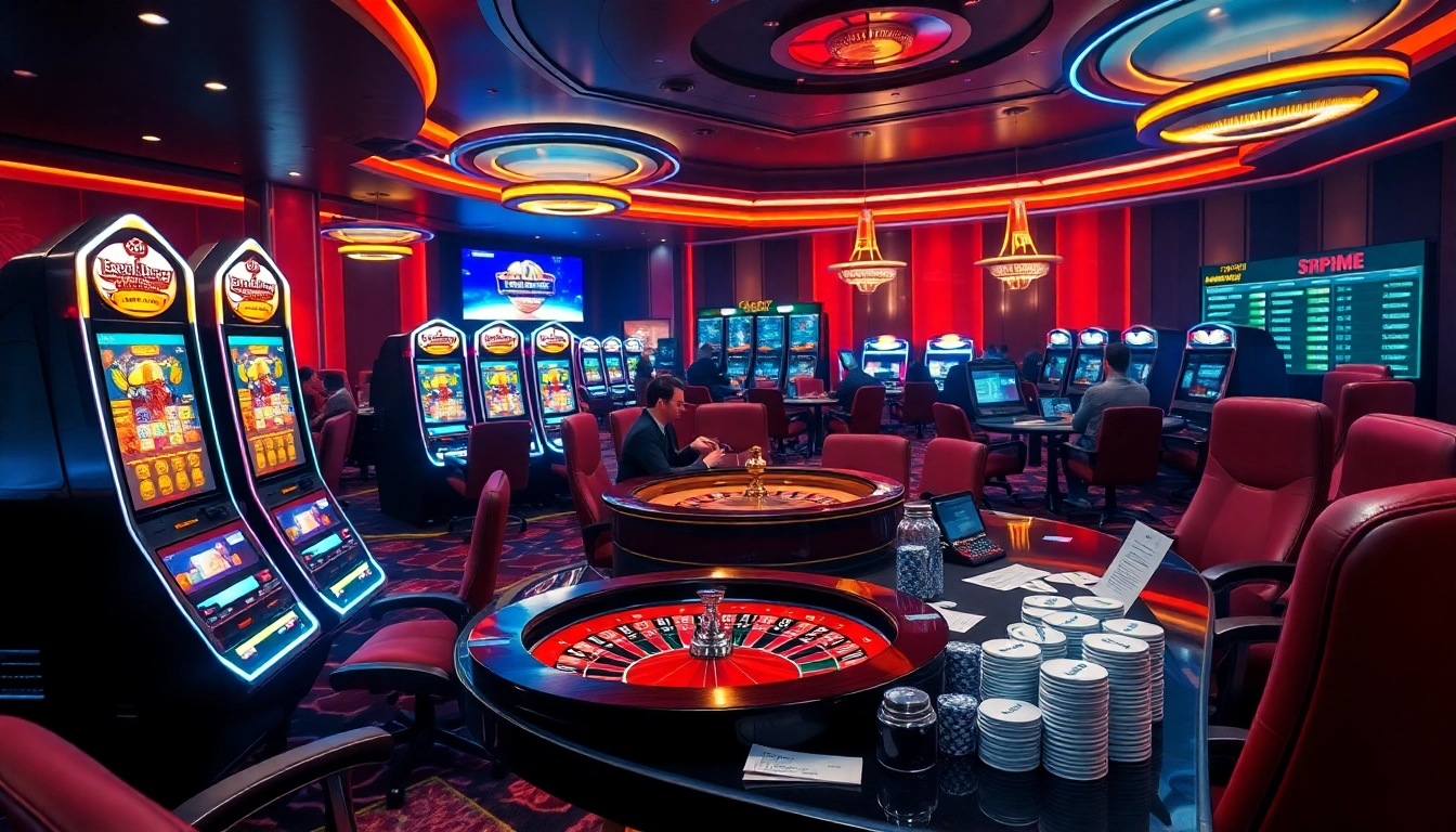 i9bet gaming interface showcasing vibrant slot machines and a roulette table in a luxurious casino atmosphere.