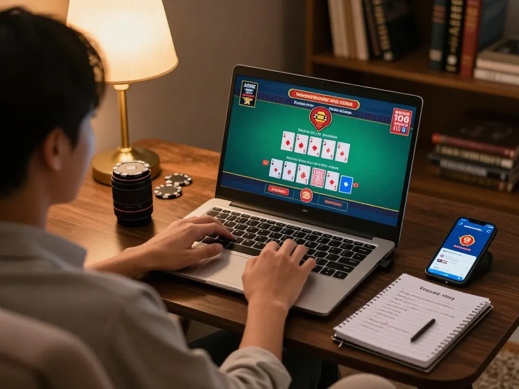 Engaged user playing live dealer blackjack on bangsawan88gg app, showcasing a strategic online gambling setup with cozy ambiance.