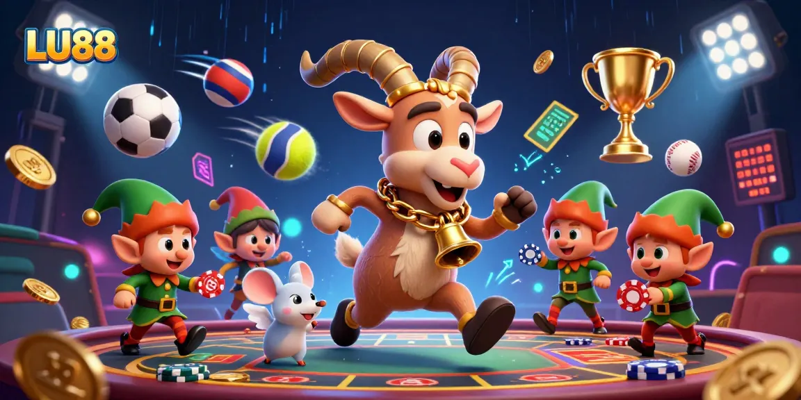 LU88 brings festive gambling excitement with a startled Krampus goat and chaotic elf gremlins in a lively casino scene.