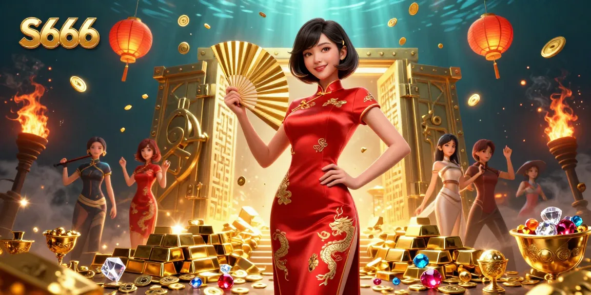Play exciting casino games at S666, featuring vibrant illustrations of treasures and glamorous themes.
