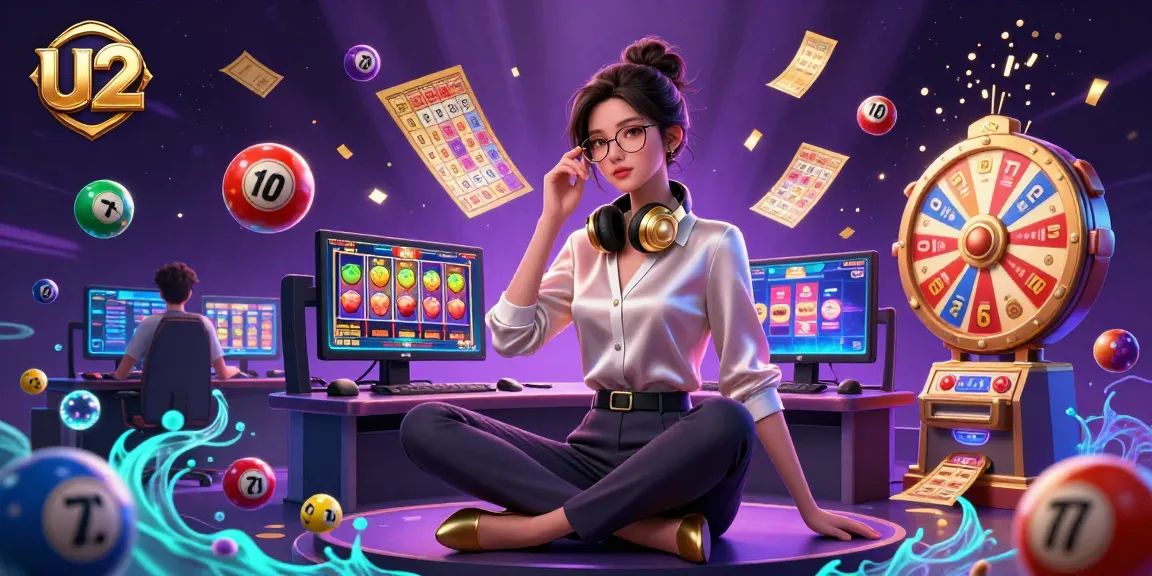 Experience thrilling slot games at u2's dynamic gaming setup with vibrant lottery balls and golden bingo cards.