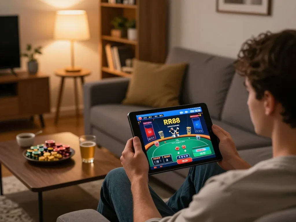 Engaging online gaming experience with RR88 app on tablet, showcasing poker gameplay.