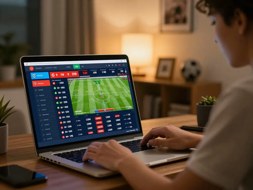 Engaged user exploring kèo nhà cái online sports betting options on a laptop in a cozy workspace