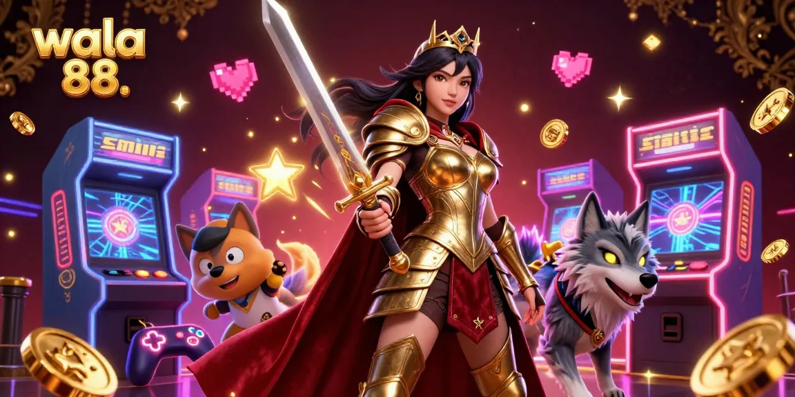 Experience thrilling gaming with wala 88 as a fierce warrior queen leads her armored wolf companion amidst vibrant casino excitement.