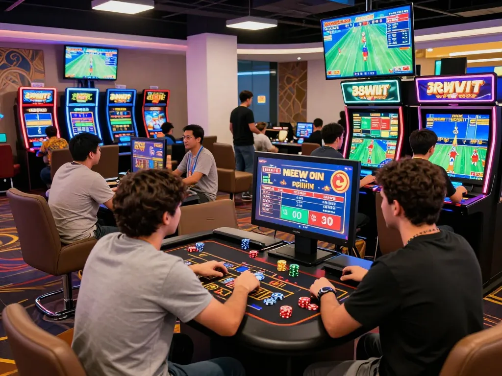 Engaging scene showcasing players using link vào 33win at a modern online casino atmosphere with vibrant gaming displays.