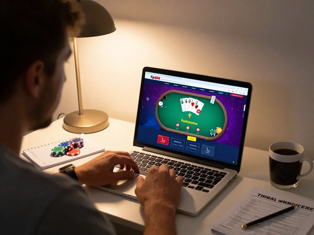 Player engaging in a strategy-focused poker game on tip88 platform at home, vibrant screen interface visible.