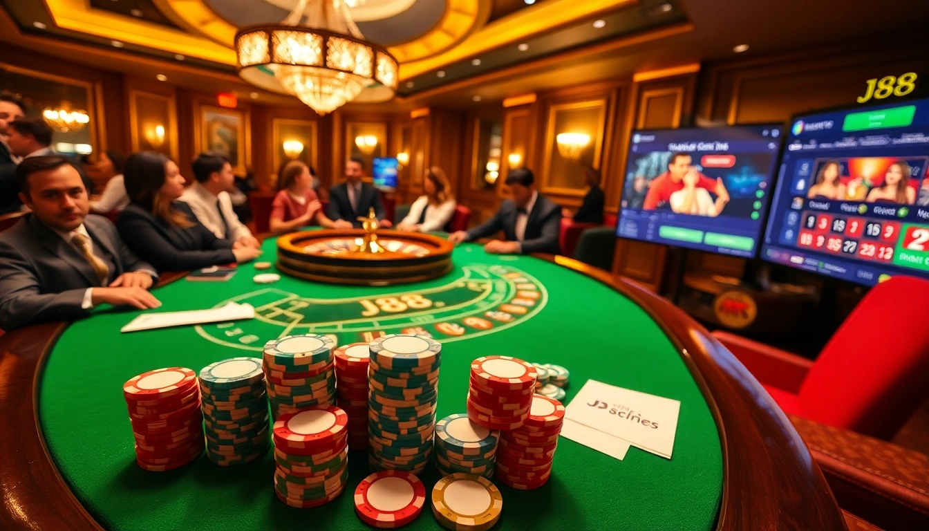 J88 poker players engaging in high-stakes action at a glamorous casino table.